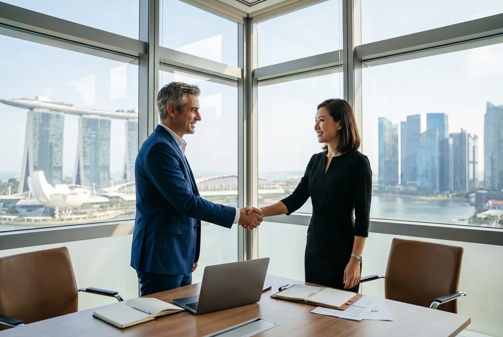A US executive and a Singapore adviser meeting in an office overlooking Marina Bay